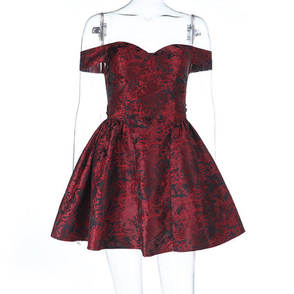 Jacquard slim waist strapless puffy mini dress in wine red