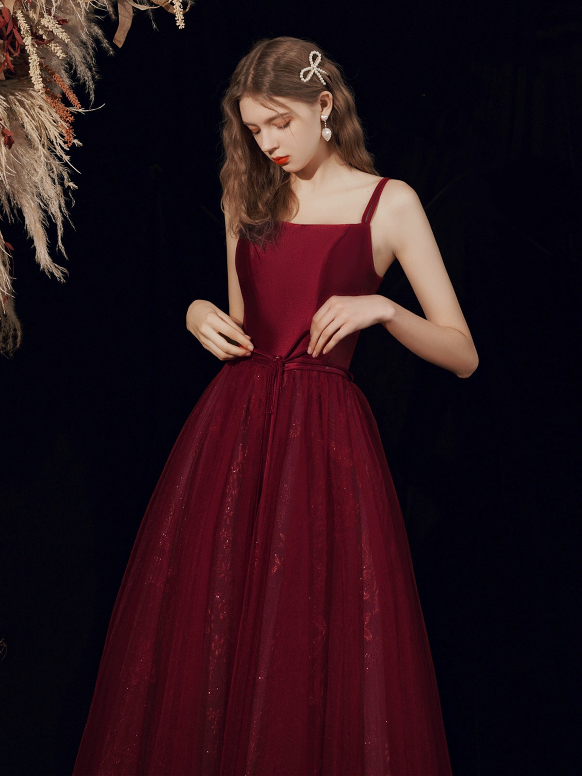 tara satin maxi dress in burgundy