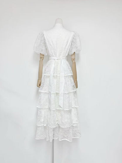 elvira appliqué Lace layer maxi dress in white