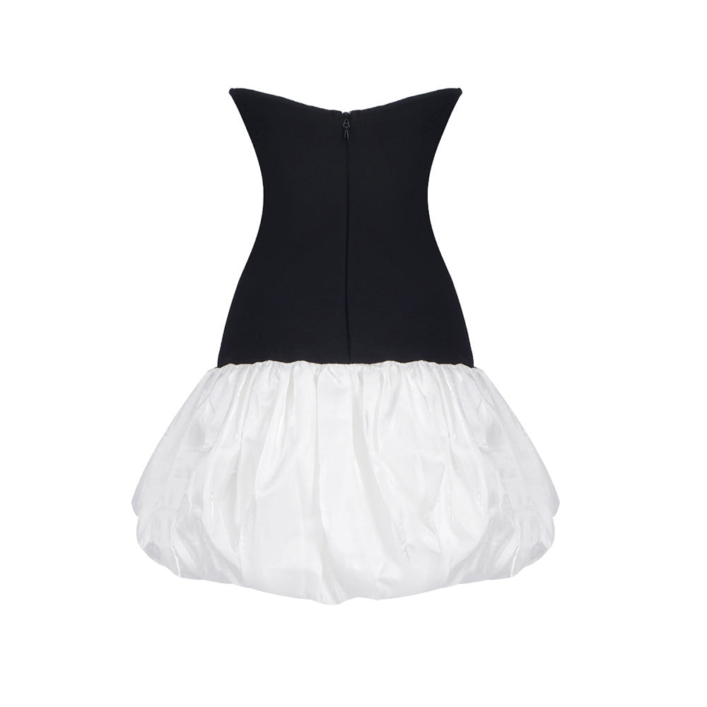 Butterfly Embroidered Bodice Puffball mini Dress in black