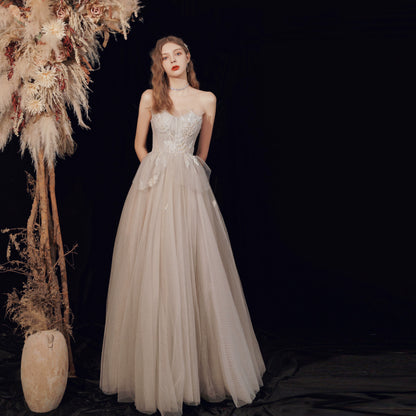 off-shoulder tulle maxi dress in Champagne Grey