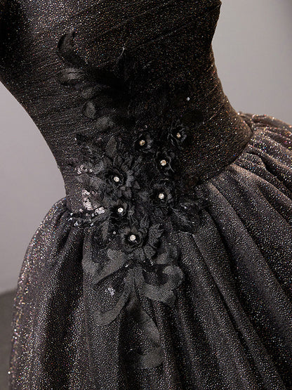 shiny Black Square Neckline Tulle Prom Dress