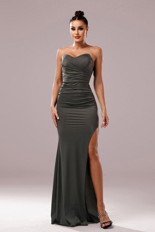high slit strapless evening dress in olive green