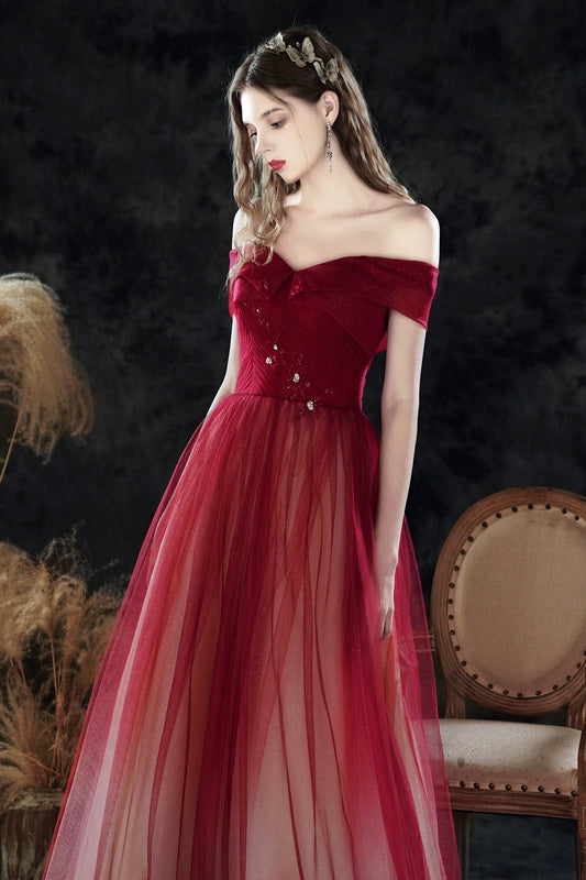 Gradient tulle strapless maxi dress in claret