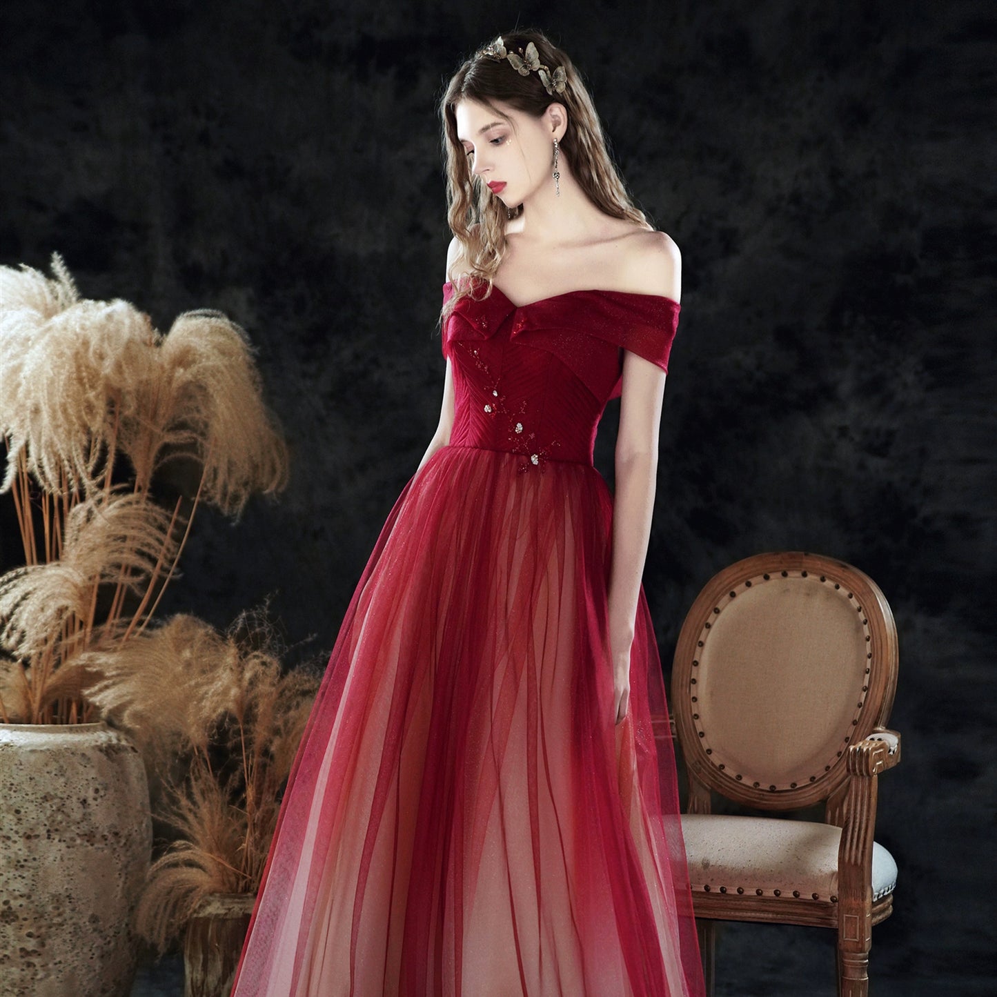 Gradient tulle strapless maxi dress in claret