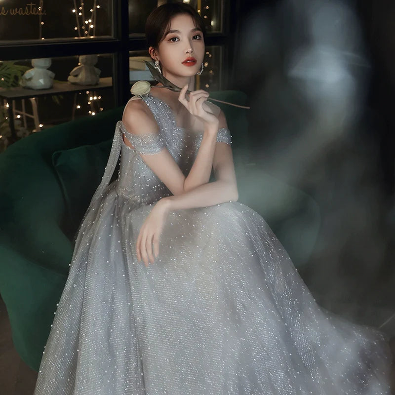 Dusty Blue one-shoulder pearl maxi tulle evening dress