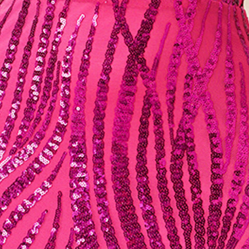 rose red Round neck off-shoulder hip-wrapped sequined fishtail maxi dress