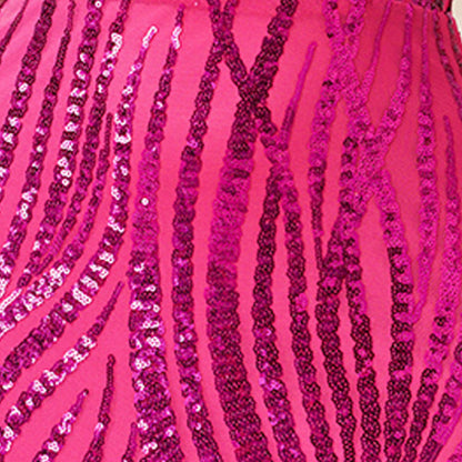 rose red Round neck off-shoulder hip-wrapped sequined fishtail maxi dress