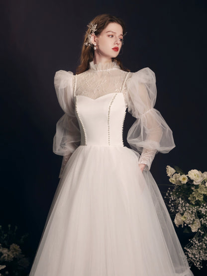 satin tulle puff sleeve maxi dress in white