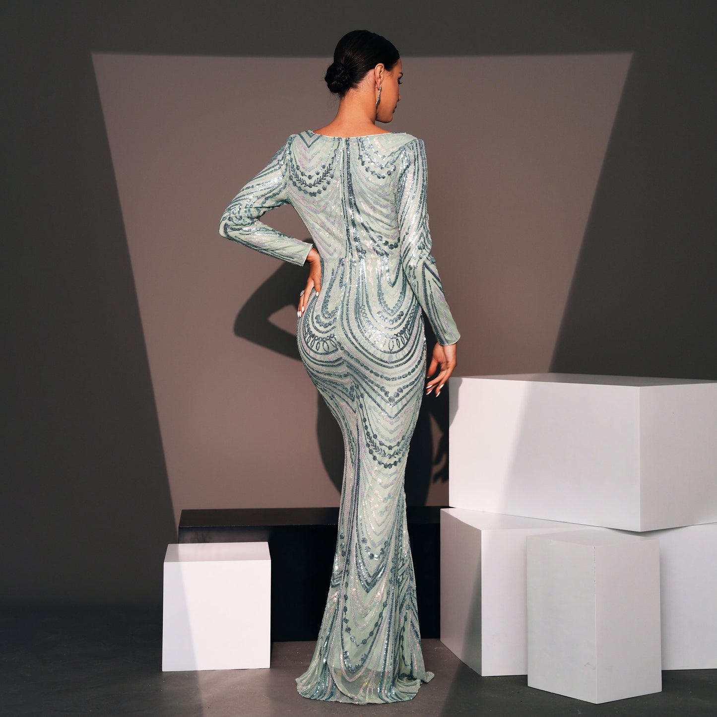 v-neck sequin detail long sleeve bodycon maxi dress