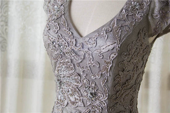 Gray hip-hugging embroidered and beaded evening dress