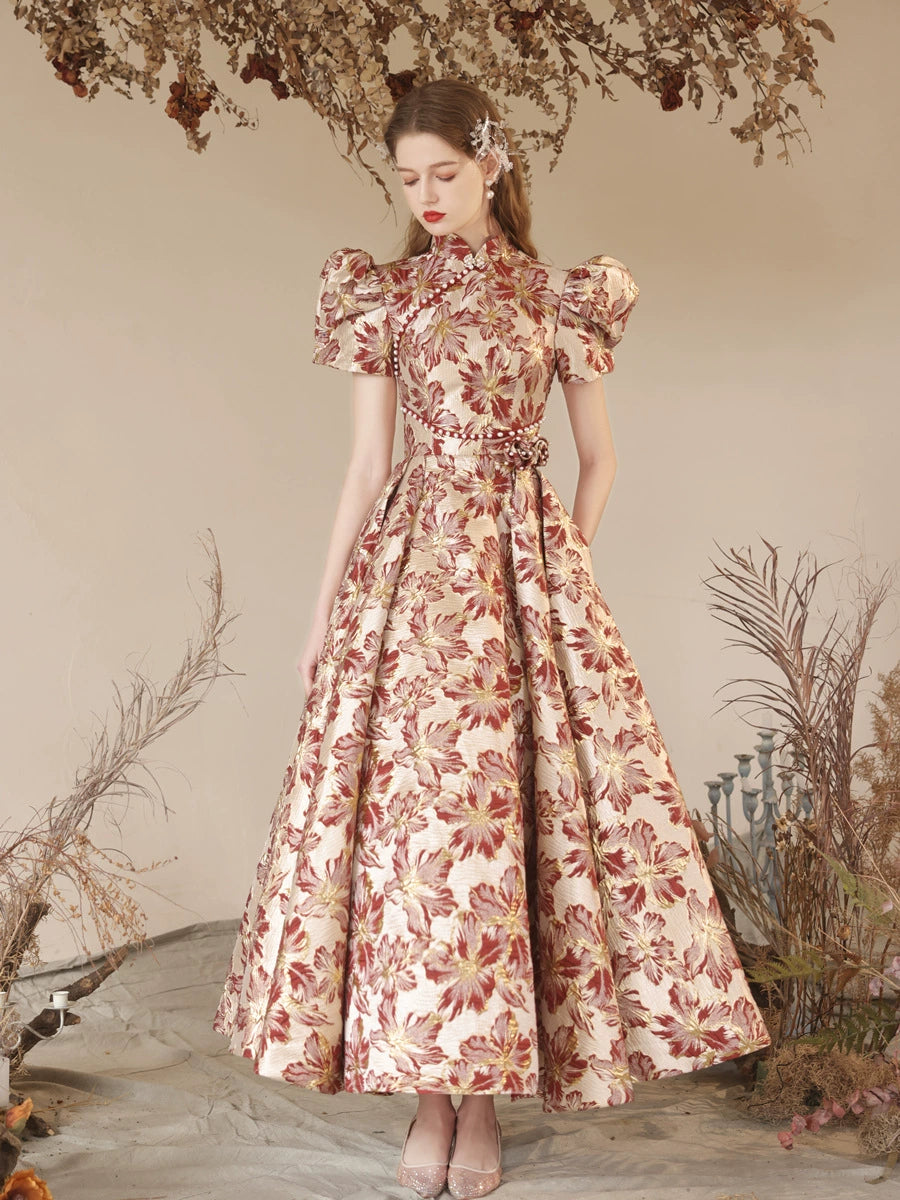 red floral print satin maxi dress