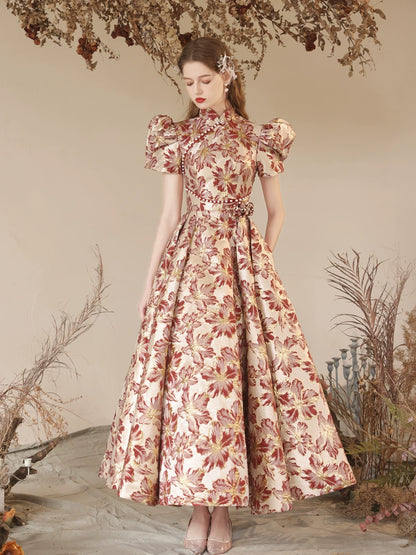 red floral print satin maxi dress