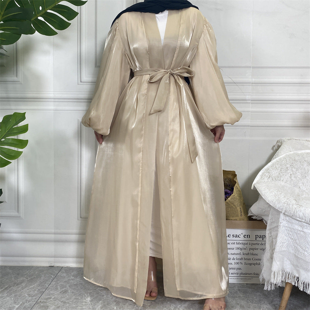 Shiny Silk Balloon Sleeves Lined Cardigan