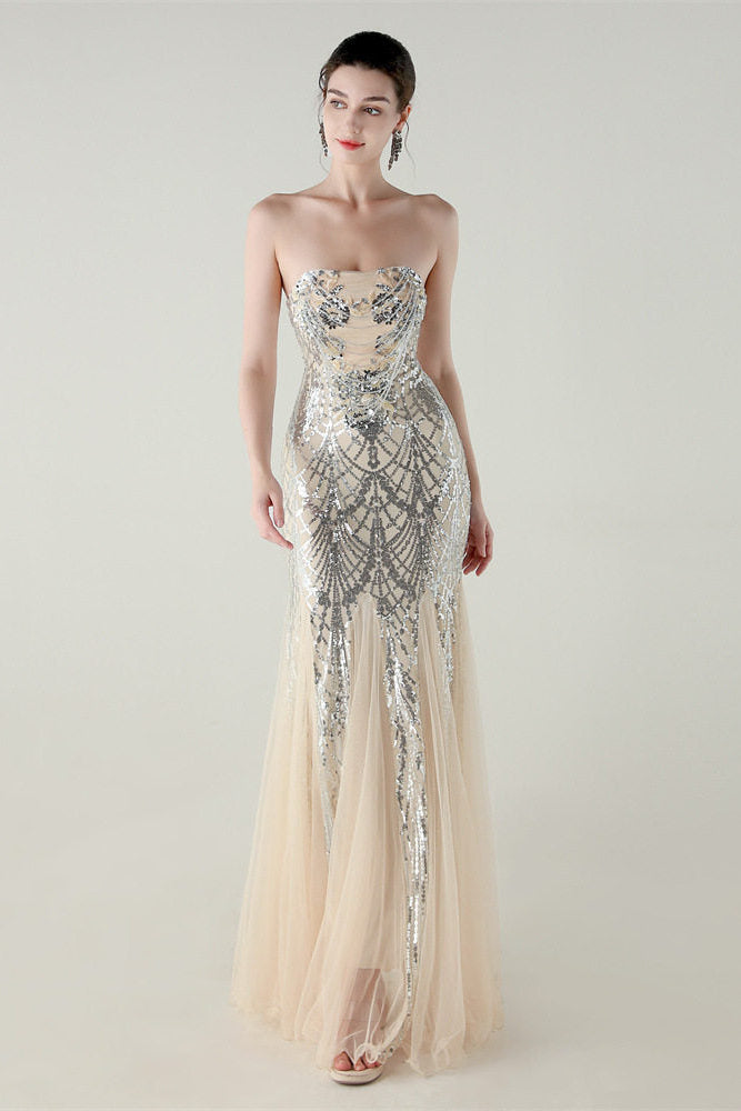 sequin strapless tulle maxi dress