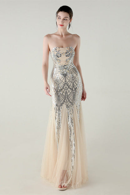 sequin strapless tulle maxi dress