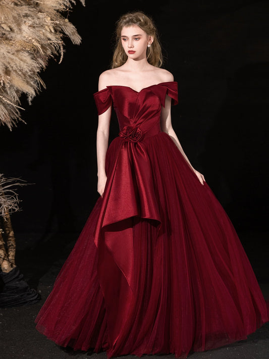 off-shoulder bow satin maxi dress in Bordeaux