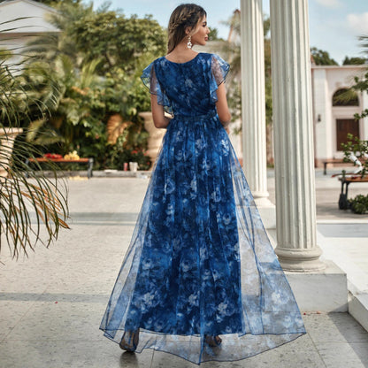v neck floral print ruffle maxi dress in blue