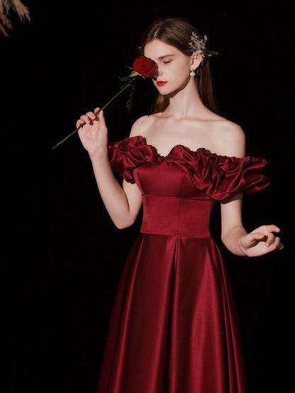 off-shoulder ruffle satin maxi dress in claret