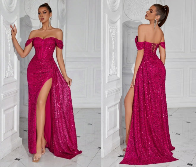 gabrielle Sequined strapless slit evening maxi dress