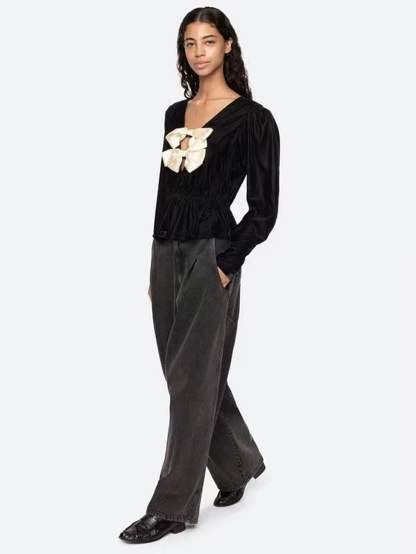 wallis black v-neck bow cutout velvet top