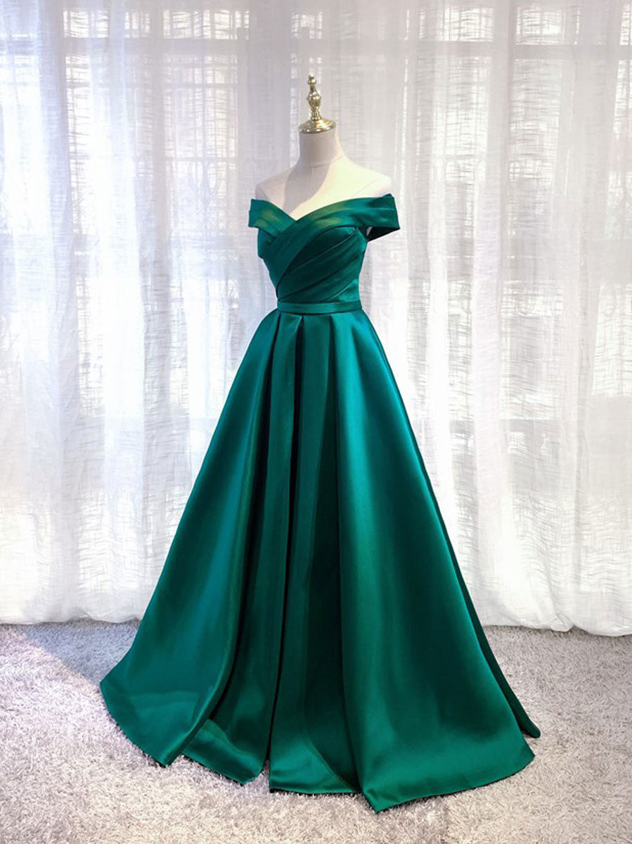 Simple green satin off shoulder dress