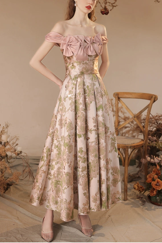 off-shoulder floral print bow satin maxi dress in pink