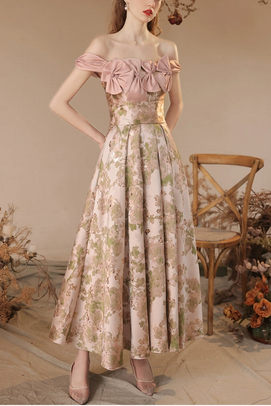 off-shoulder floral print bow satin maxi dress in pink