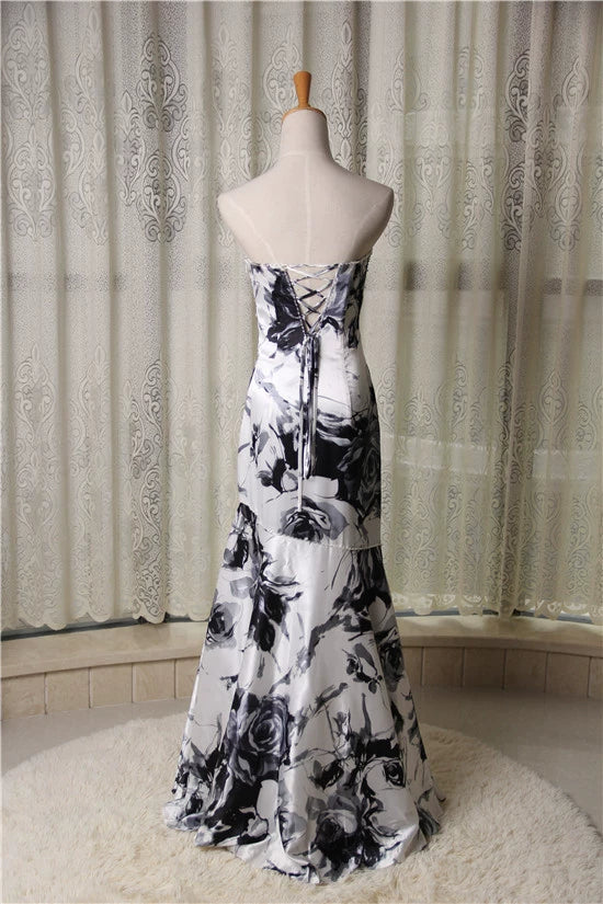 Elegant satin fishtail skirt with ink painting print