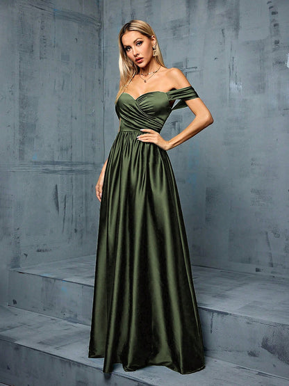 off shoulder ruched satin maxi dress in green