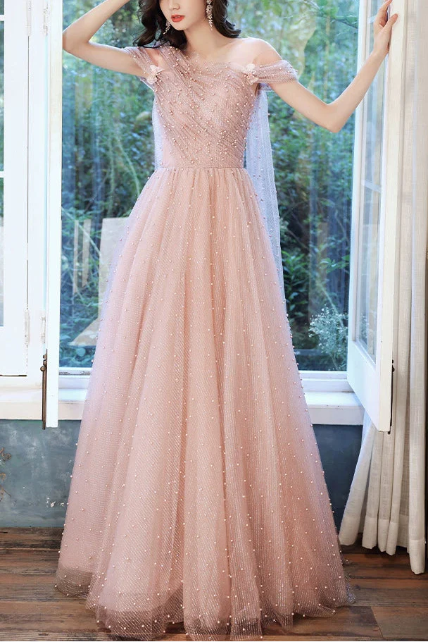 Pink one-shoulder pearl maxi tulle evening dress