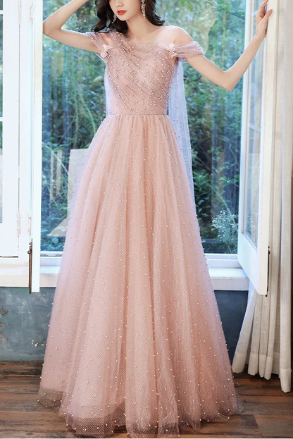 Pink one-shoulder pearl maxi tulle evening dress