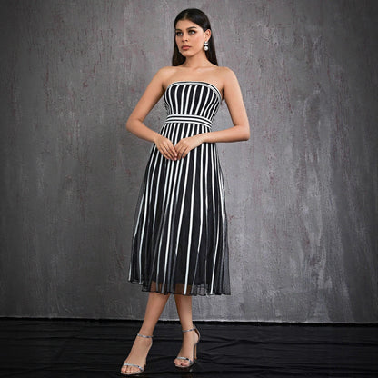 vertical stripe strapless midi dress in black