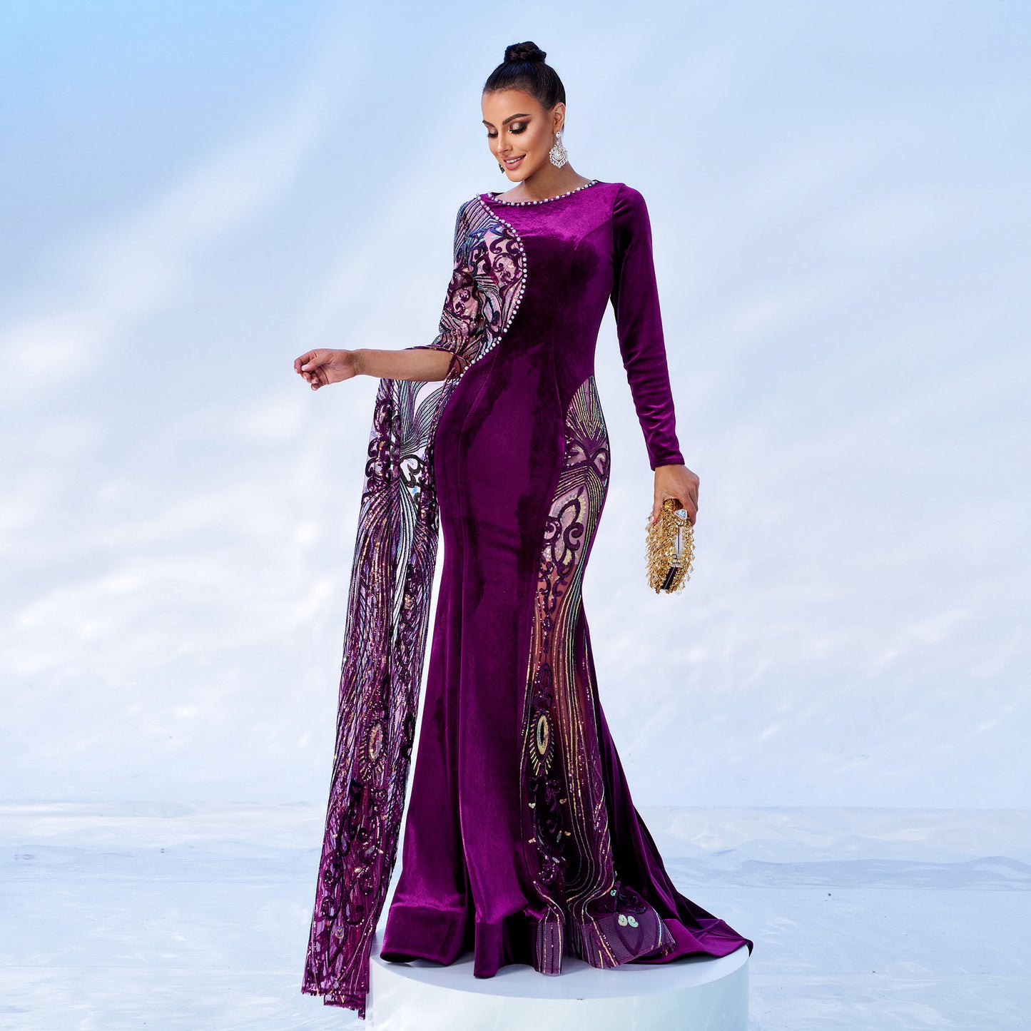 sequin applique pearl detail velvet maxi dress in purple