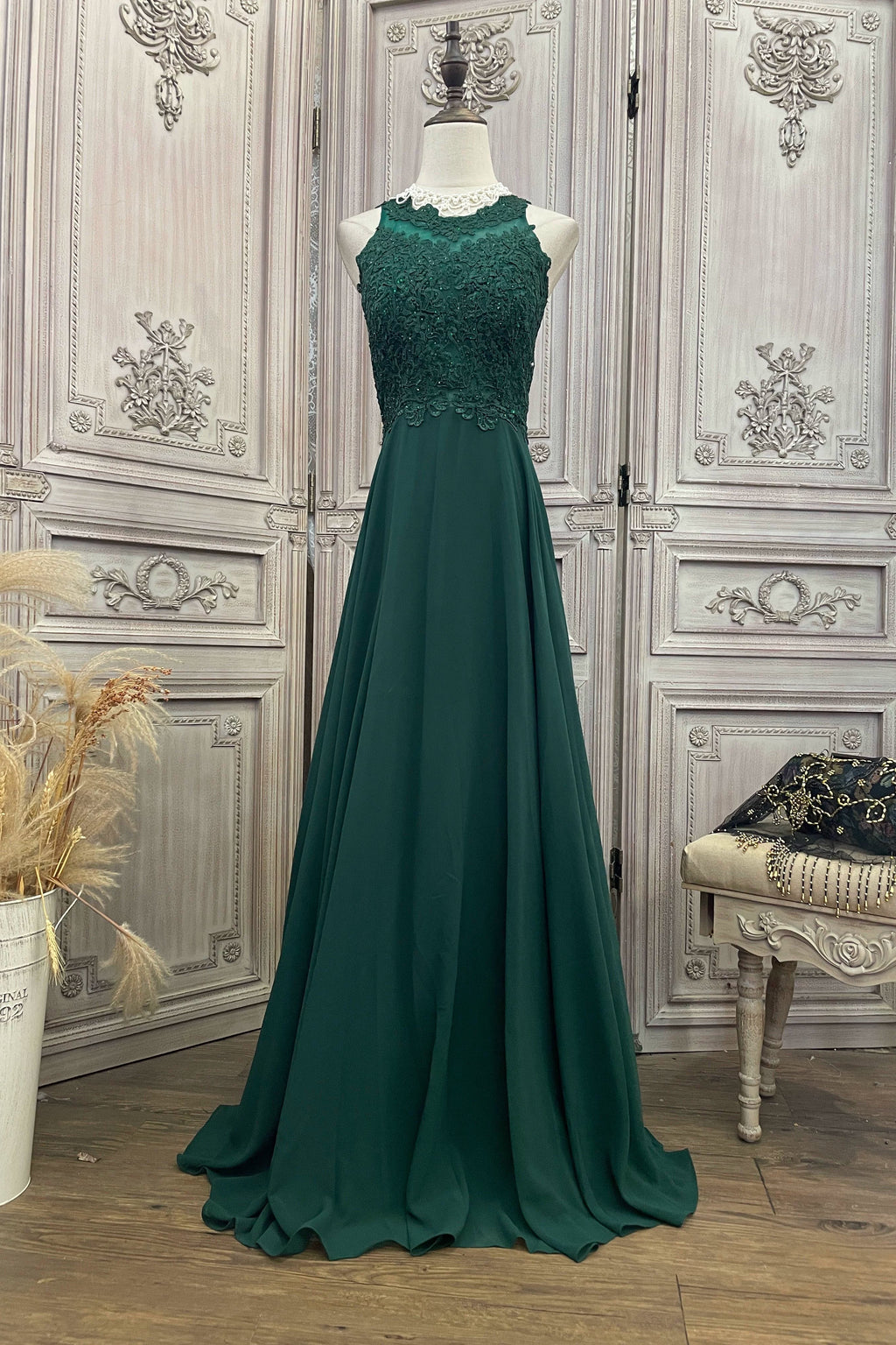 Dark green lace chiffon patchwork rhinestone long dress