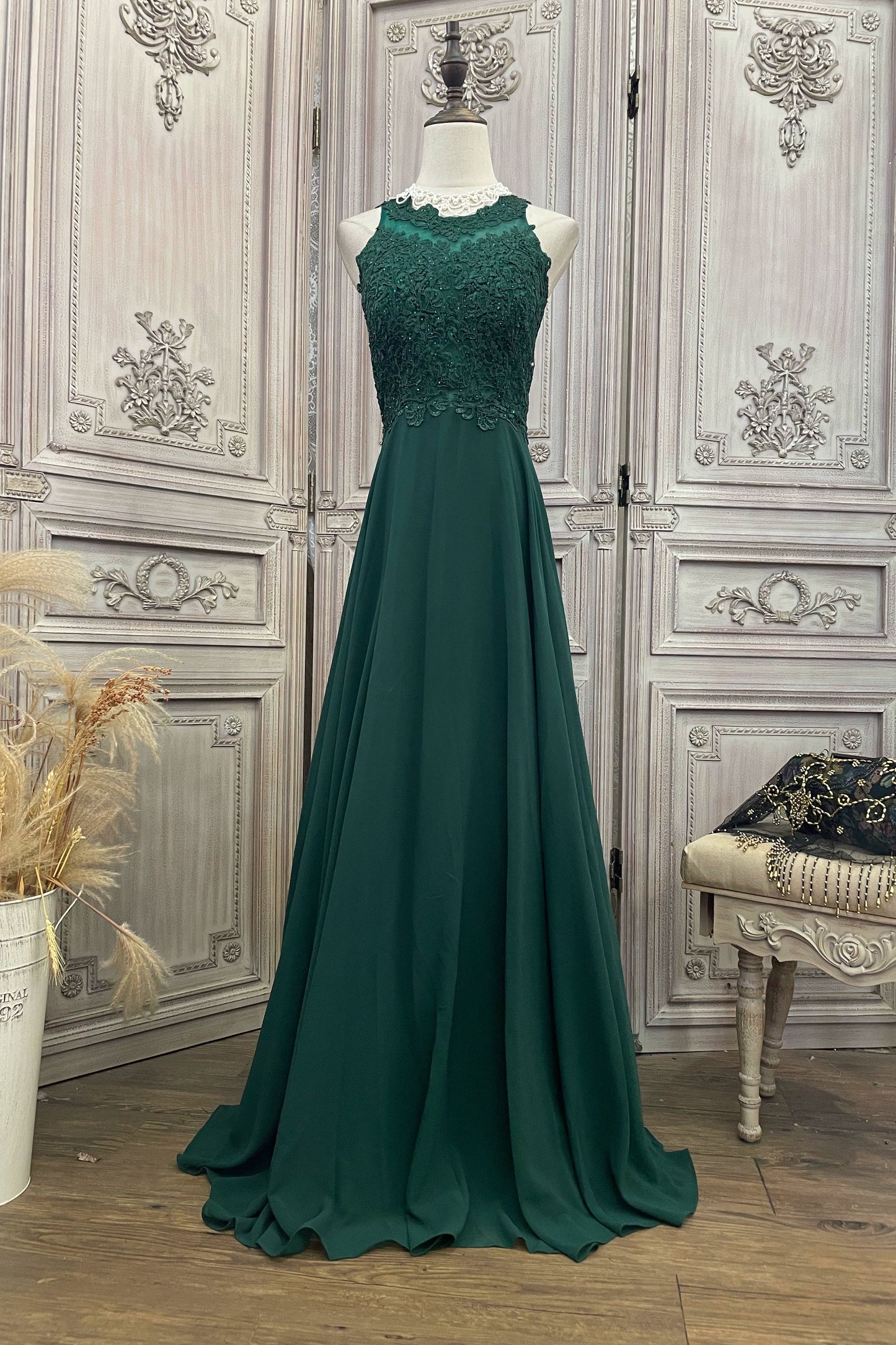 Dark green lace chiffon patchwork rhinestone long dress