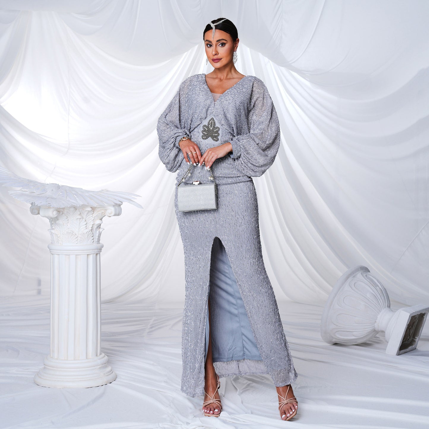 v neck puff sleeve high slit bodycon maxi dress
