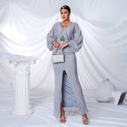 v neck puff sleeve high slit bodycon maxi dress