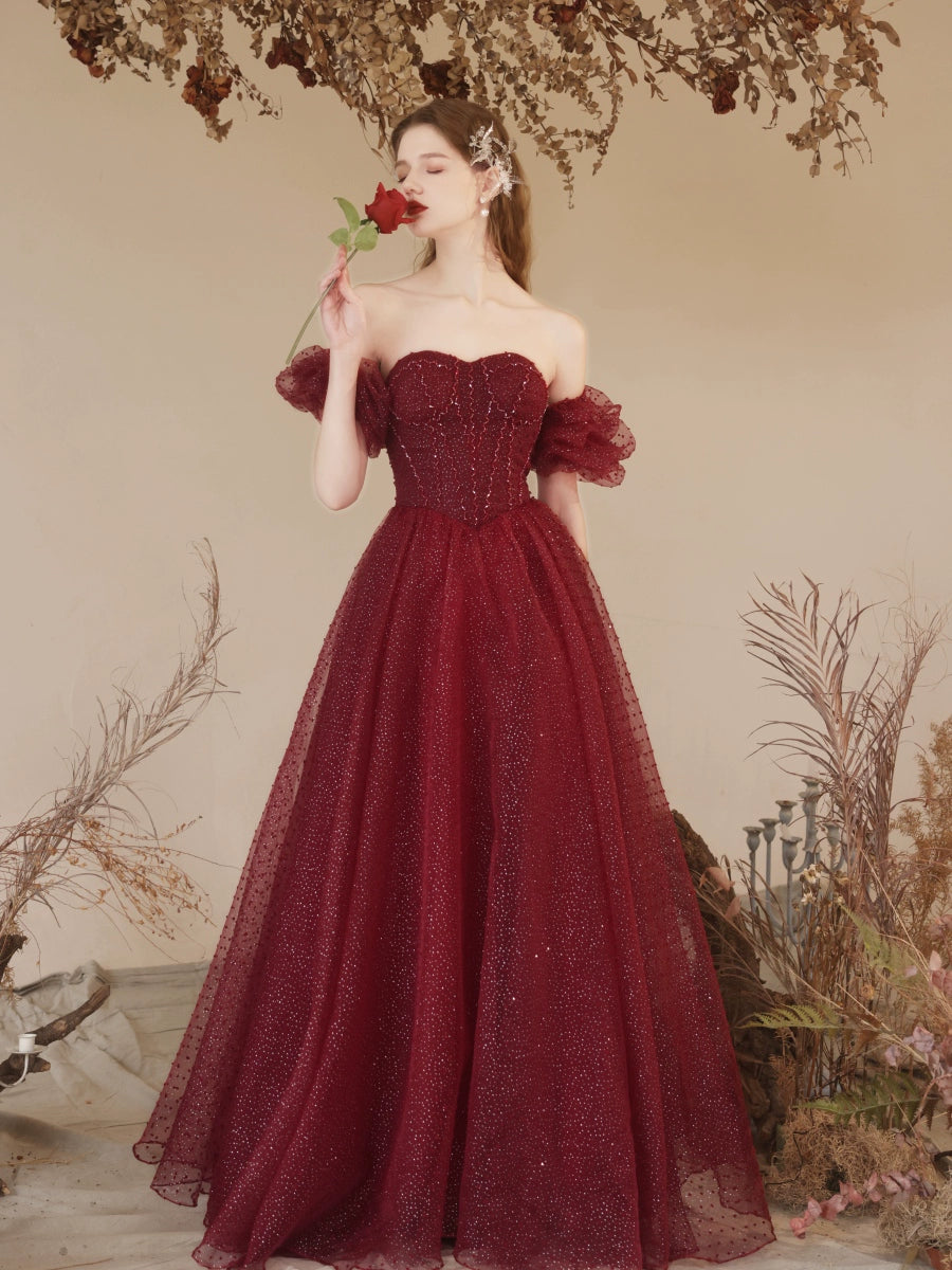 sequin detail polka dots puff sleeve maxi dress in claret