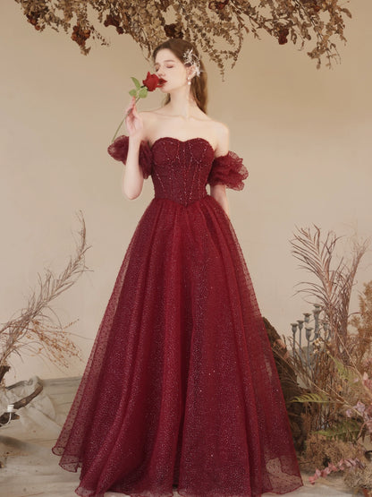 sequin detail polka dots puff sleeve maxi dress in claret