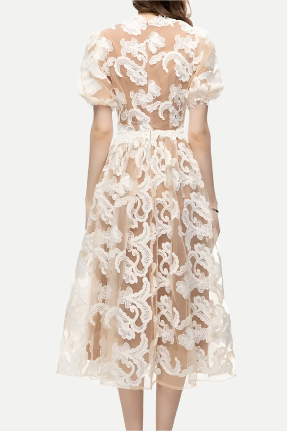 alisa mesh embroidered puff sleeves midi dress in beige