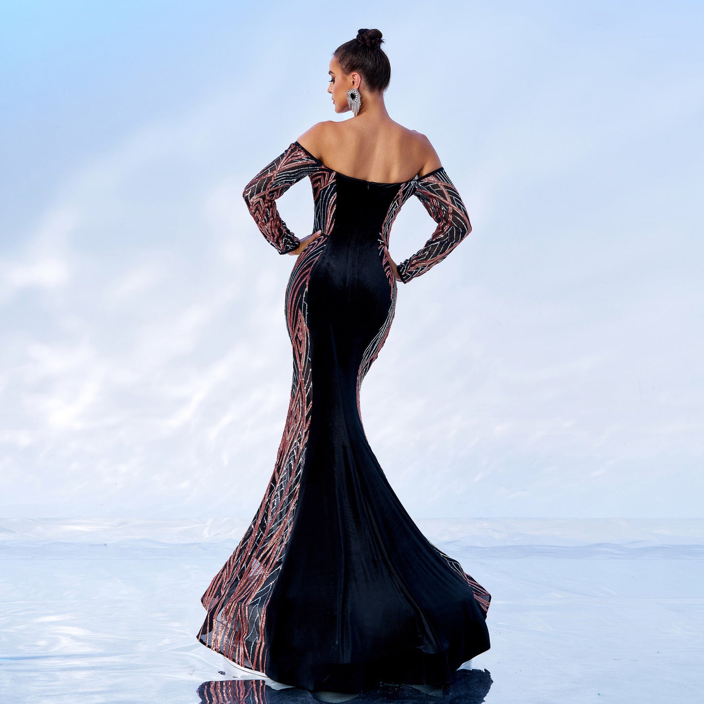 off shoulder sequin velvet maxi dress