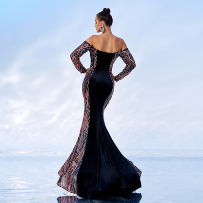 off shoulder sequin velvet maxi dress