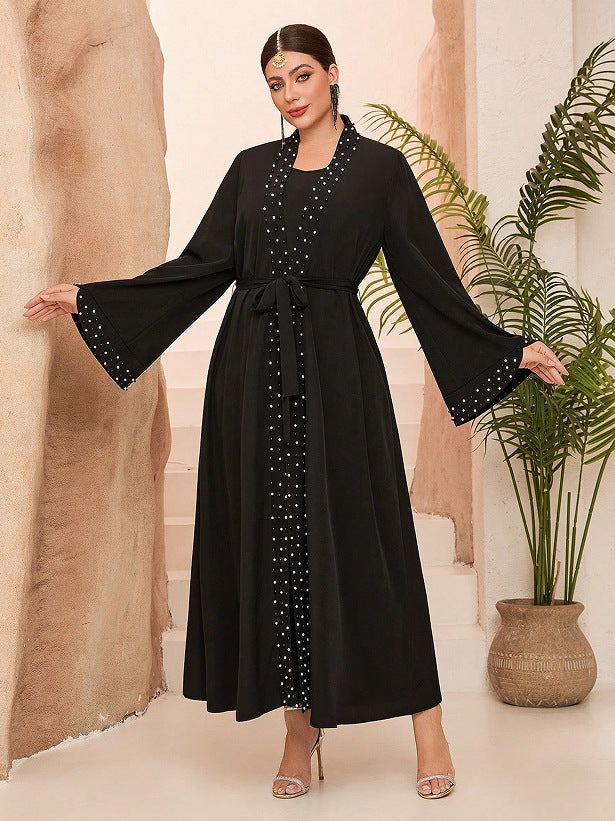 arab beading belt embroidery maxi dress in black
