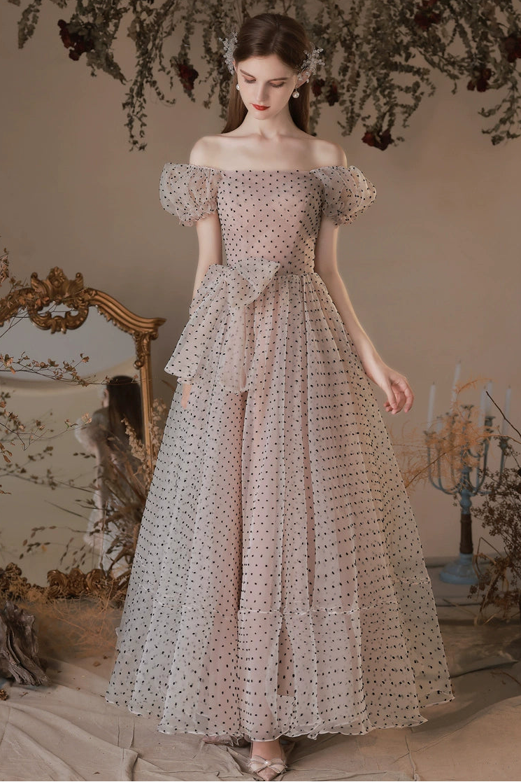 polka dots puff short sleeve midi dress in pink white