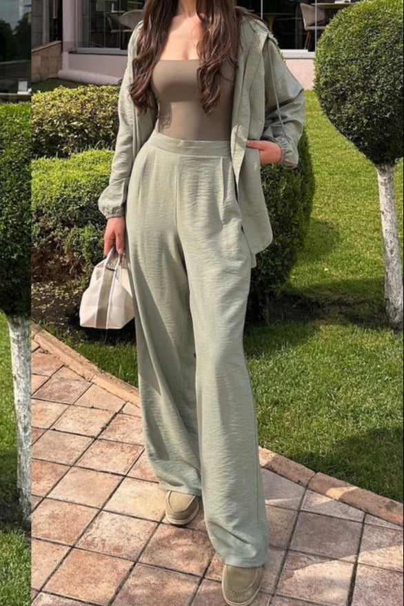 Casual Long Sleeved Hooded Shirt Jacket+straight Leg Pants 2pcs Set