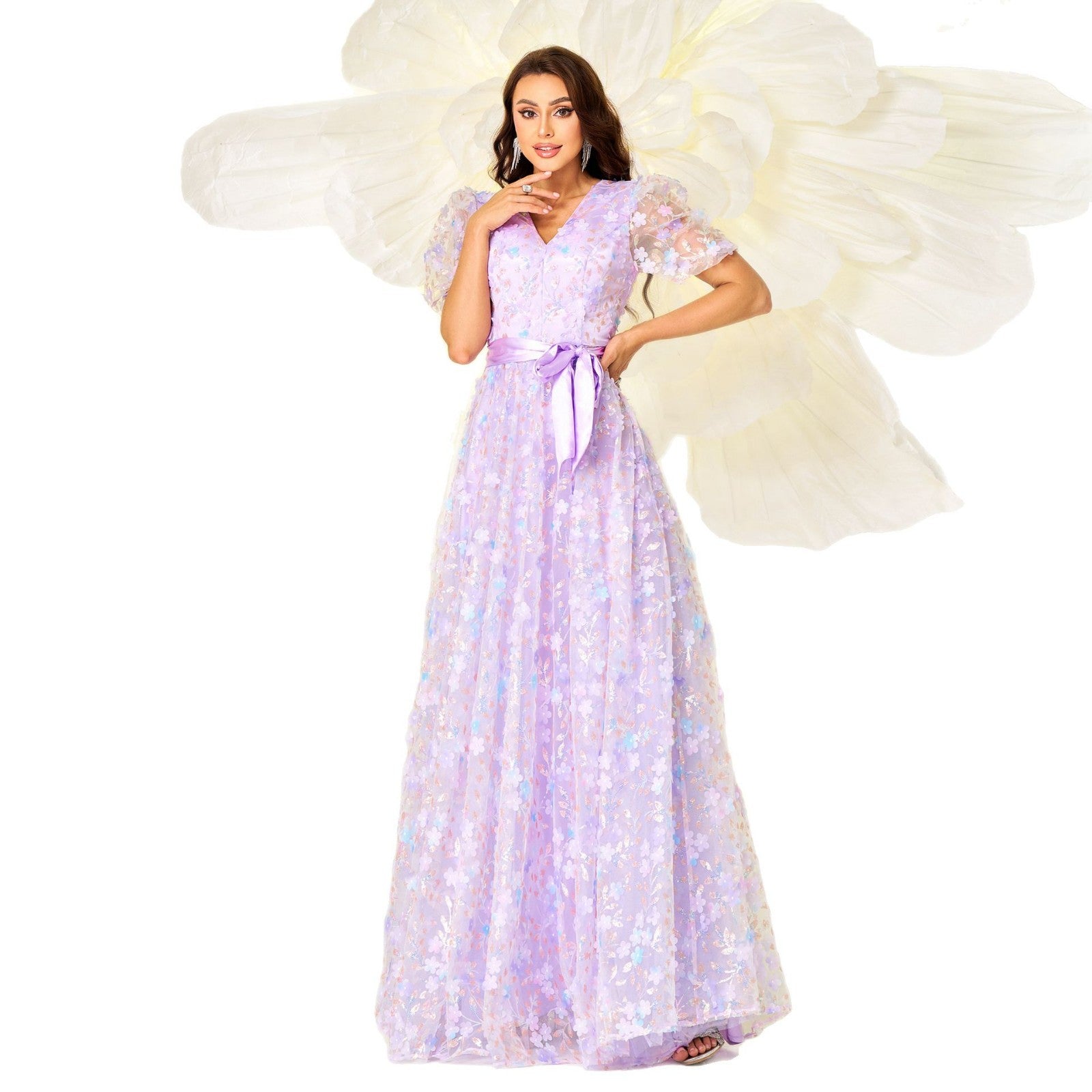 floral sequin v-neck maxi dress in purple