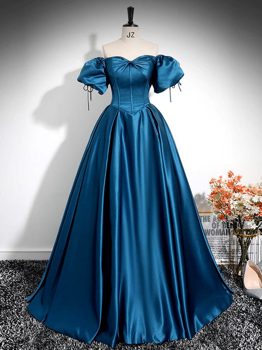 A-Line Puff Sleeves Satin Peacock Blue Prom Dress