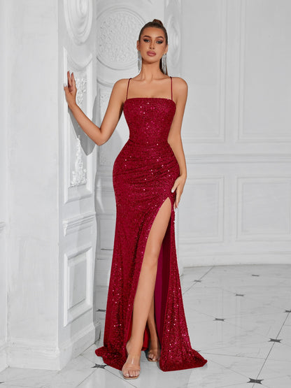erica sequin pleated slim maxi dress