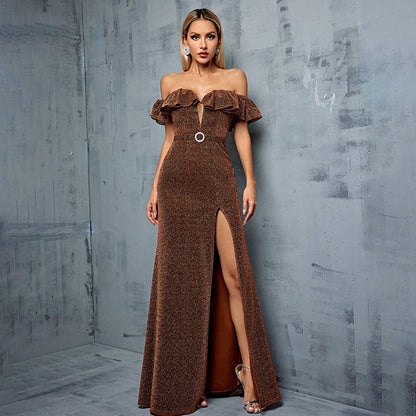 off shoulder ruffle embellished high slit maxi dress in brown